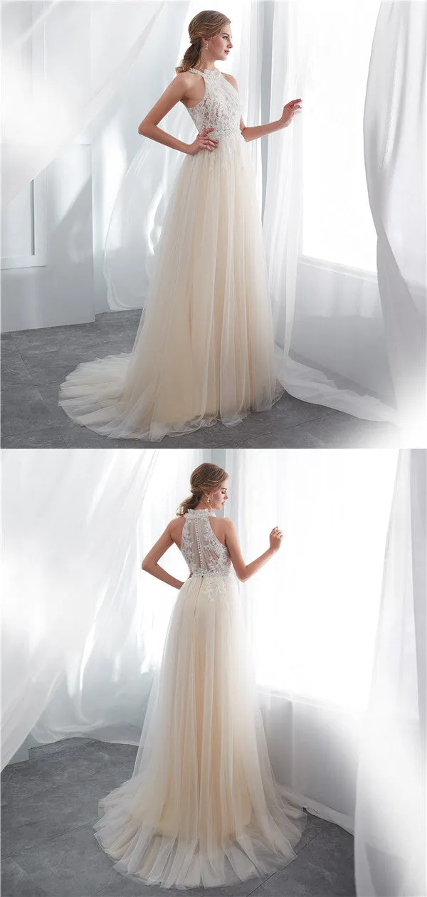 Halter Sleeveless See-though Lace Beading Long Tulle Wedding Dresses, WD0467