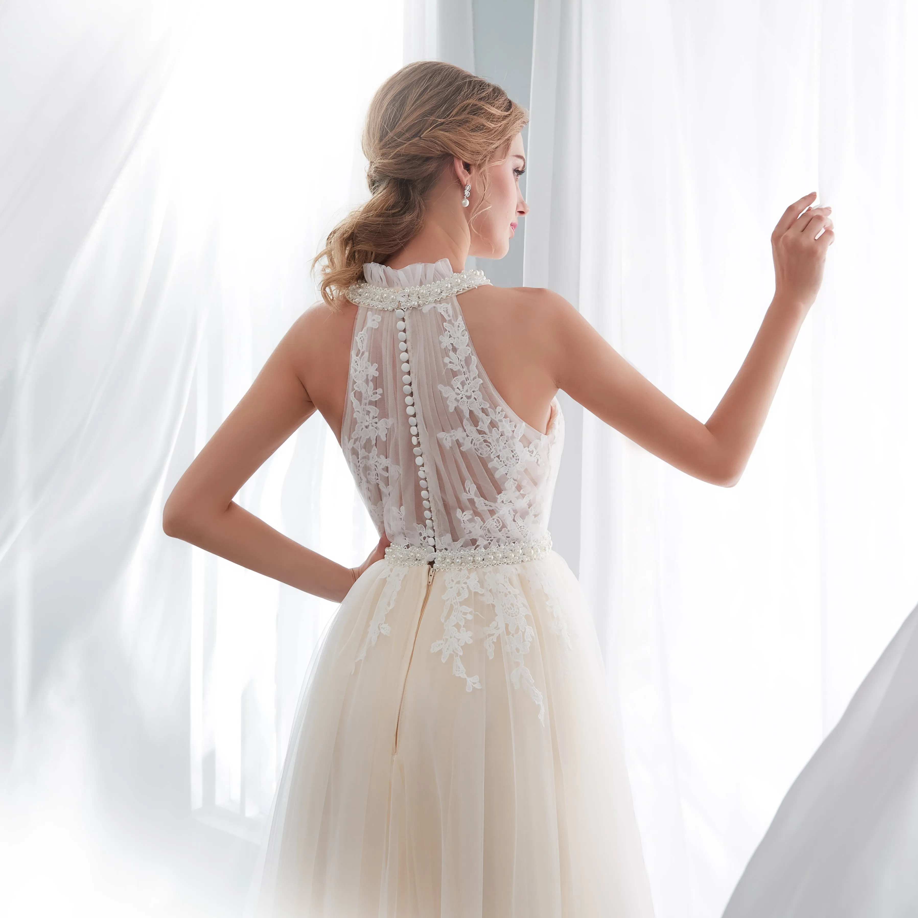 Halter Sleeveless See-though Lace Beading Long Tulle Wedding Dresses, WD0467