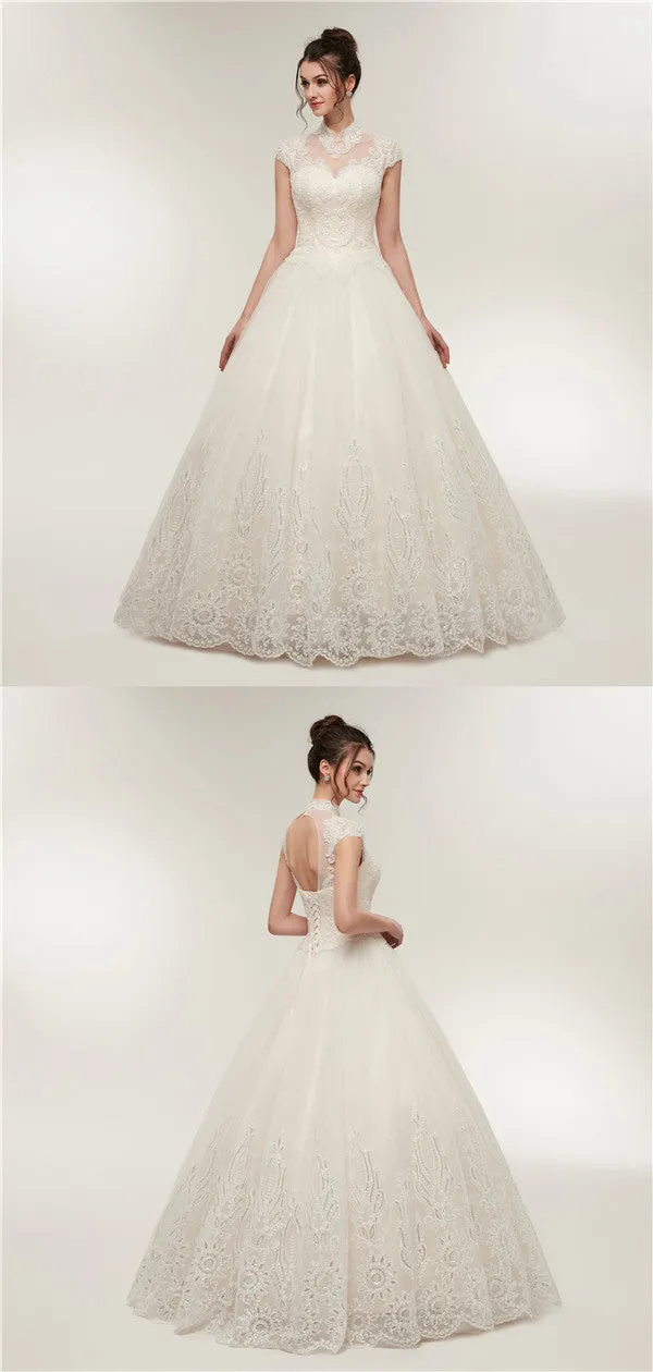High Neck Cap Sleeves Lace Appliques Beading Open Back Wedding Dresses, WD0464