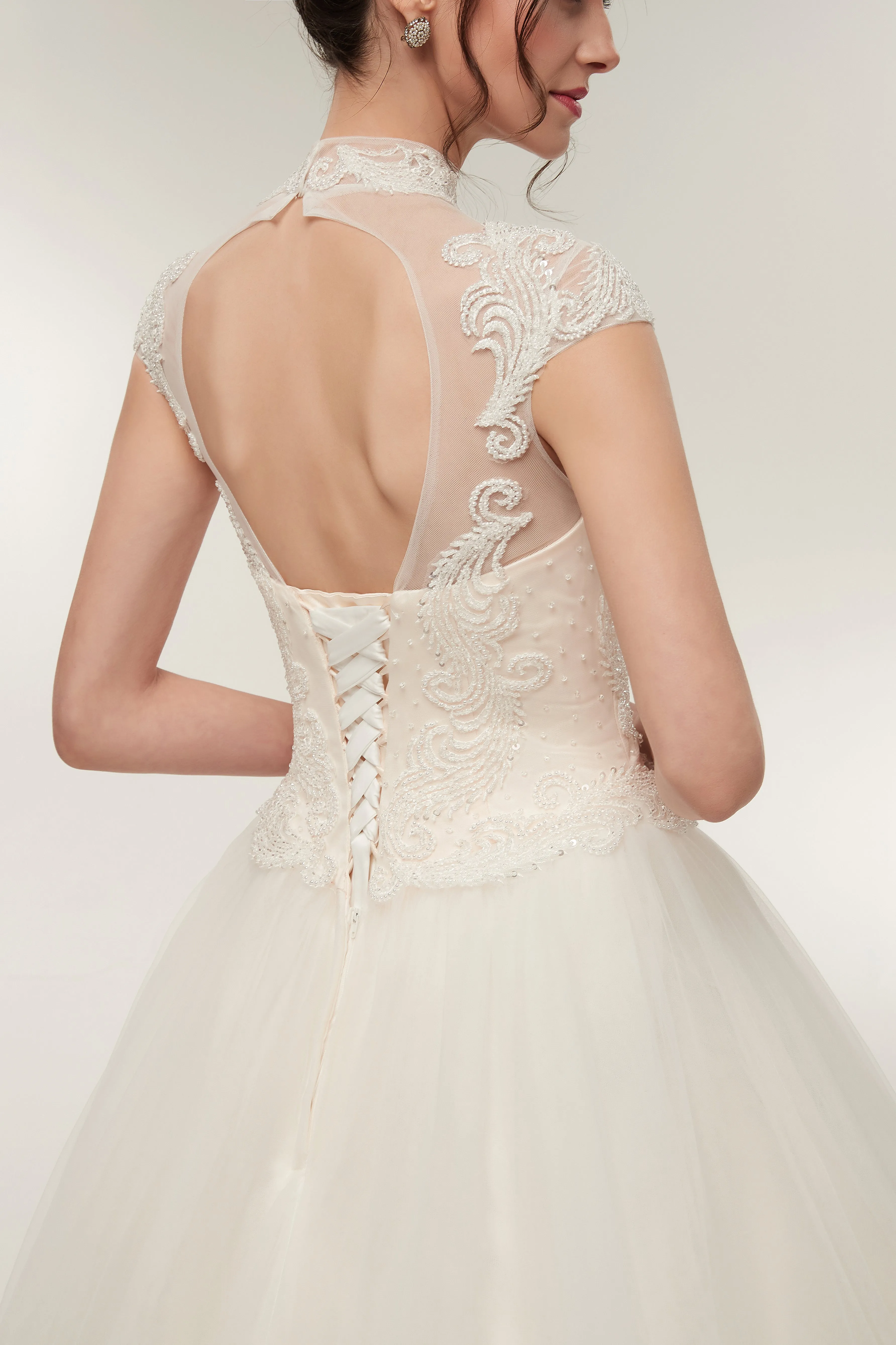 High Neck Cap Sleeves Lace Appliques Beading Open Back Wedding Dresses, WD0464
