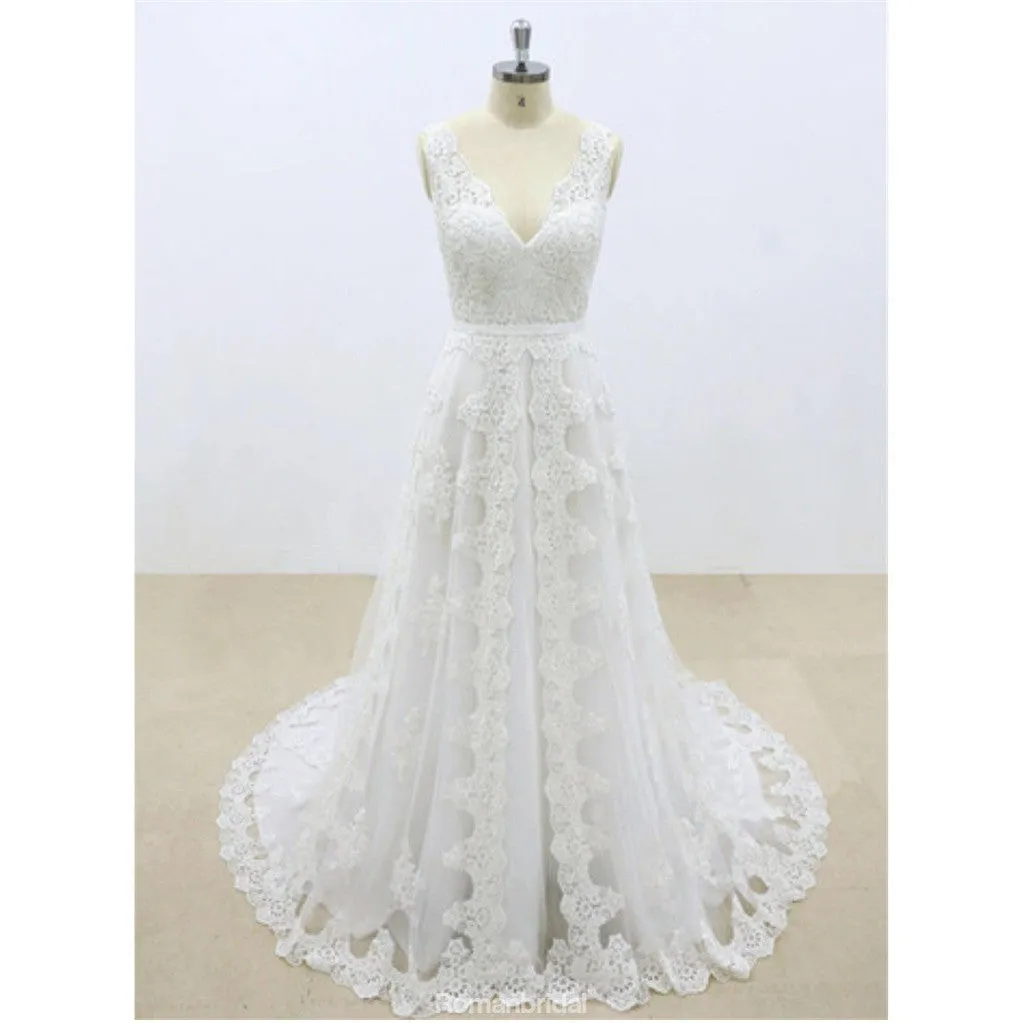 Hot Selling Gorgeous V-neck Lace Sleeveless Wedding Dresses with train, WD0367