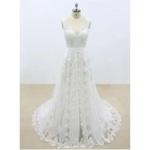 Hot Selling Gorgeous V-neck Lace Sleeveless Wedding Dresses with train, WD0367