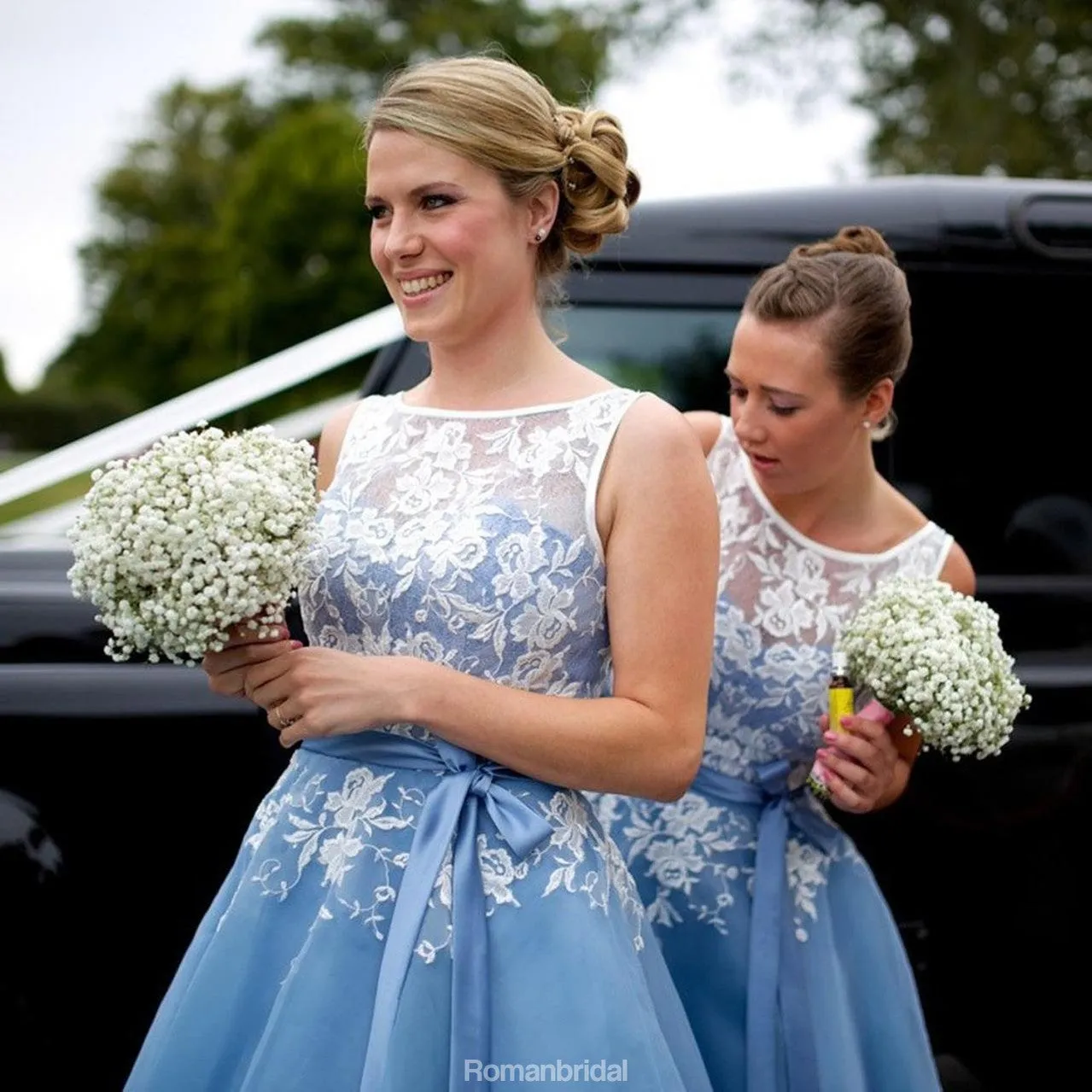 Hot Selling Scoop Neck Lace Appliques Top V-back Short Bridesmaid Dresses, BD0529