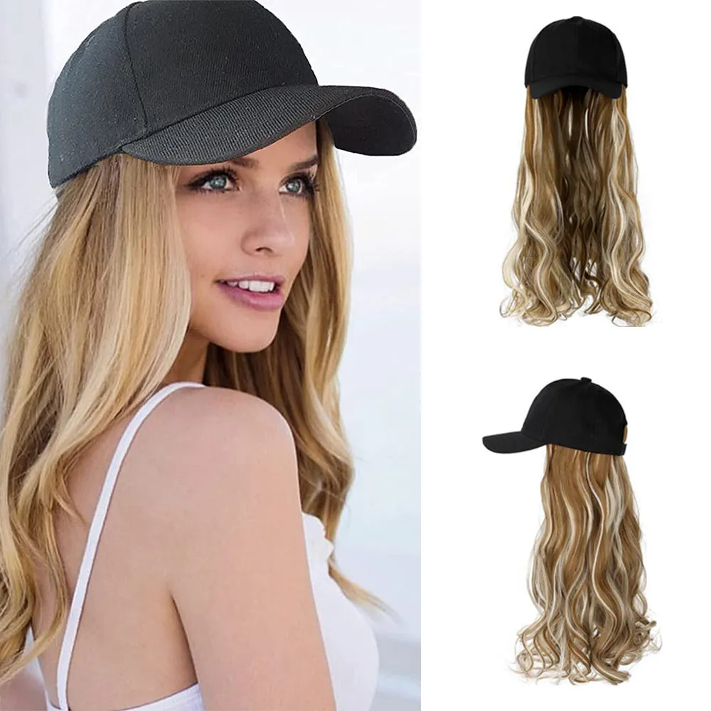 Ins Hot  24" Long Curly Wavy Hairpiece Adjustable Baseball Cap Attached Natural Wig for Women Girls Bleach Blonde