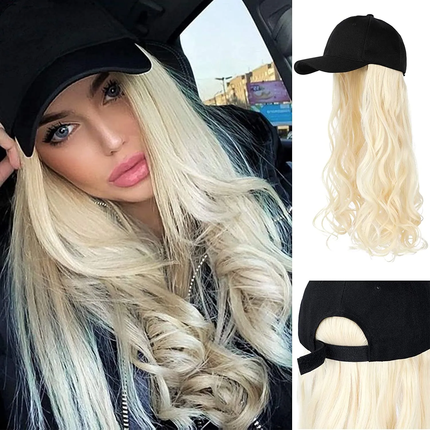 Ins Hot  24" Long Curly Wavy Hairpiece Adjustable Baseball Cap Attached Natural Wig for Women Girls Bleach Blonde