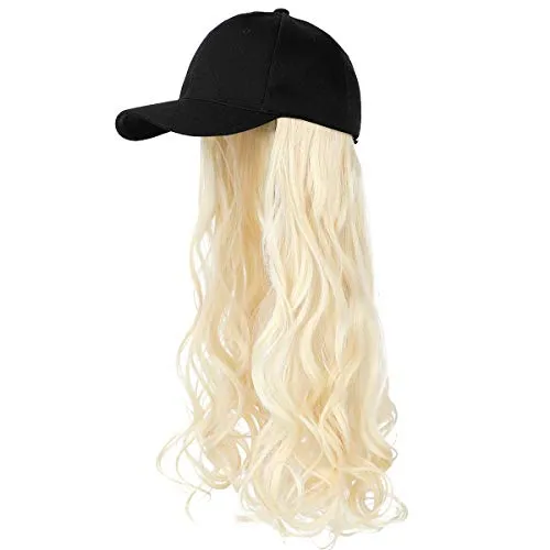 Ins Hot  24" Long Curly Wavy Hairpiece Adjustable Baseball Cap Attached Natural Wig for Women Girls Bleach Blonde