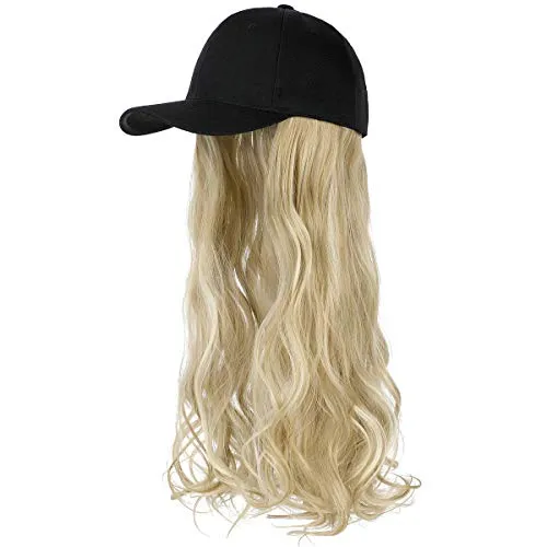 Ins Hot  24" Long Curly Wavy Hairpiece Adjustable Baseball Cap Attached Natural Wig for Women Girls Bleach Blonde
