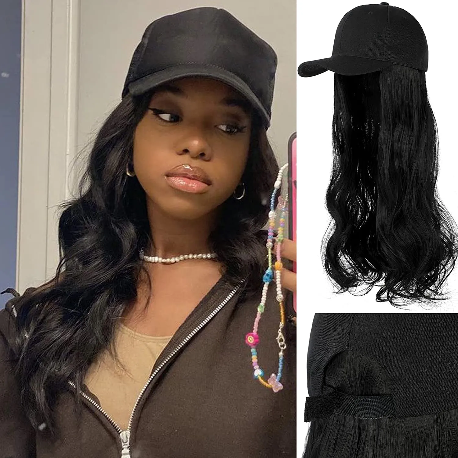 Ins Hot  24" Long Curly Wavy Hairpiece Adjustable Baseball Cap Attached Natural Wig for Women Girls Bleach Blonde