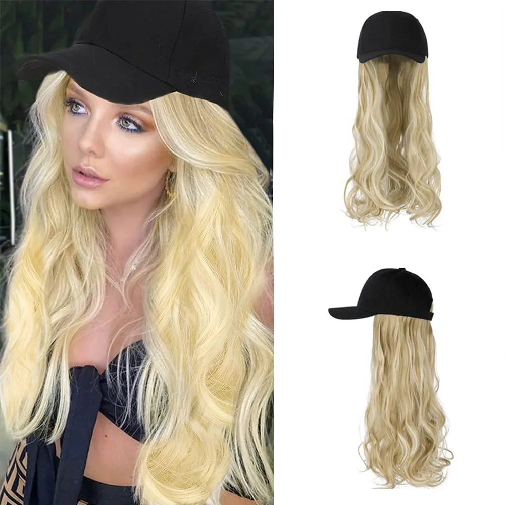 Ins Hot  24" Long Curly Wavy Hairpiece Adjustable Baseball Cap Attached Natural Wig for Women Girls Bleach Blonde