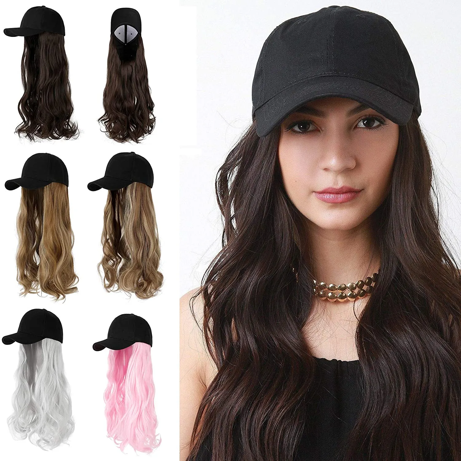 Ins Hot  24" Long Curly Wavy Hairpiece Adjustable Baseball Cap Attached Natural Wig for Women Girls Bleach Blonde