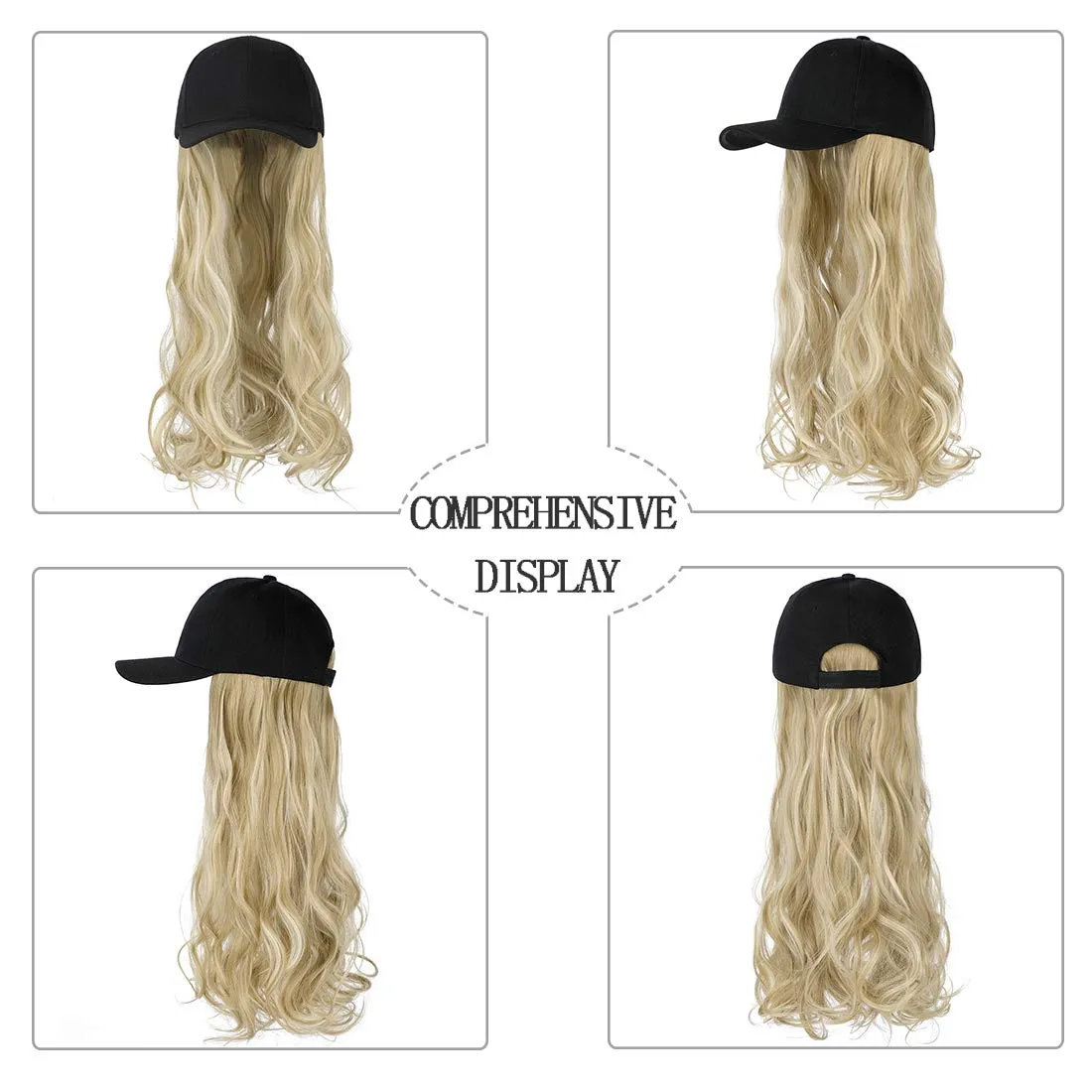 Ins Hot  24" Long Curly Wavy Hairpiece Adjustable Baseball Cap Attached Natural Wig for Women Girls Bleach Blonde