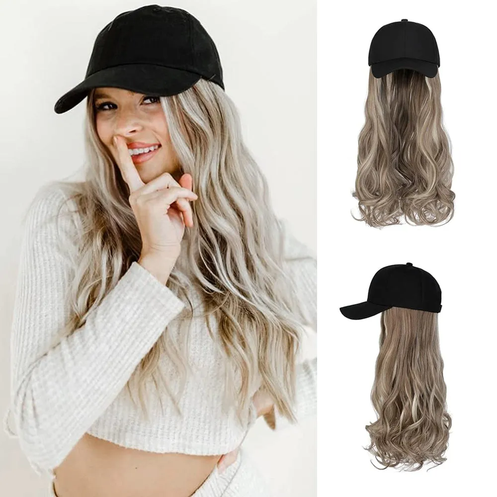 Ins Hot  24" Long Curly Wavy Hairpiece Adjustable Baseball Cap Attached Natural Wig for Women Girls Bleach Blonde