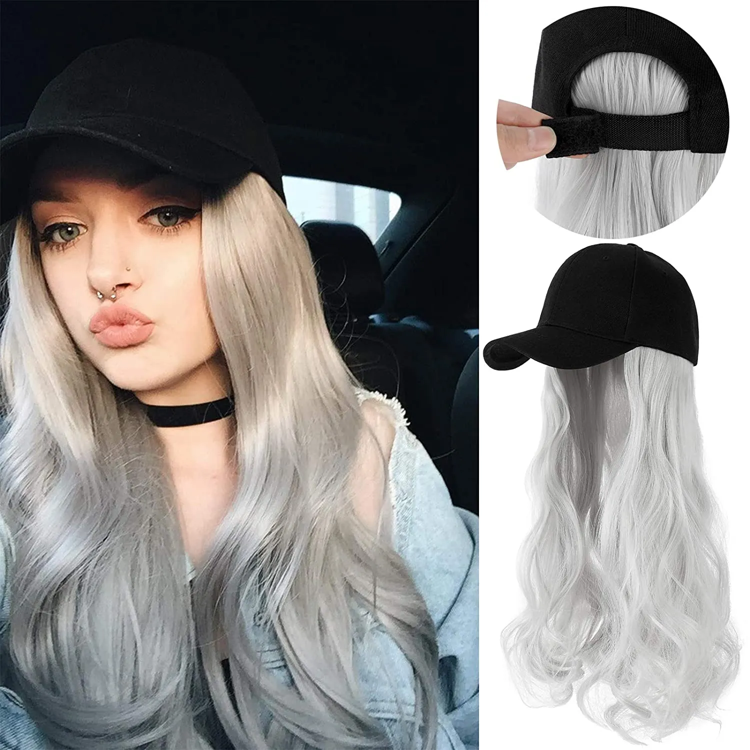Ins Hot  24" Long Curly Wavy Hairpiece Adjustable Baseball Cap Attached Natural Wig for Women Girls Bleach Blonde