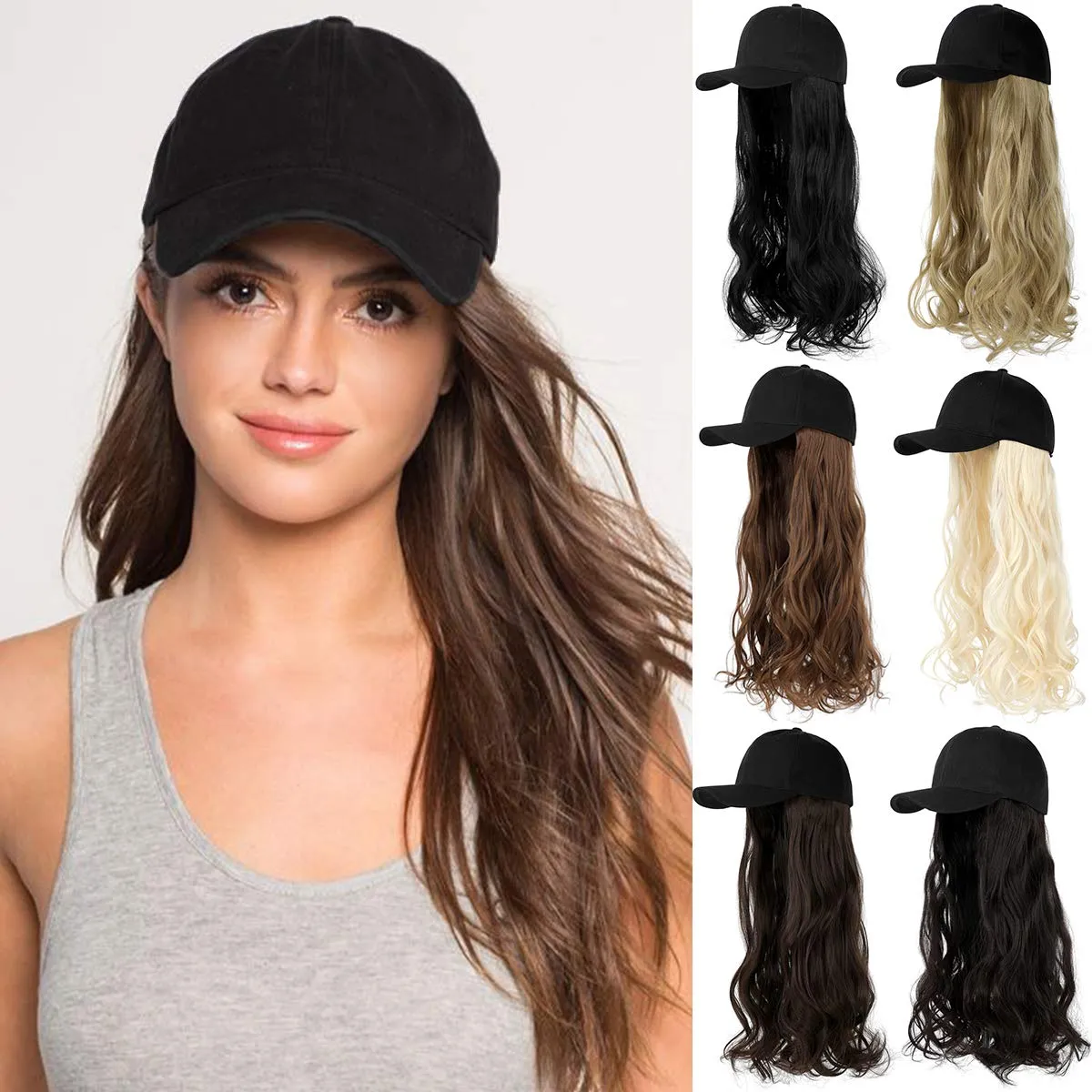 Ins Hot  24" Long Curly Wavy Hairpiece Adjustable Baseball Cap Attached Natural Wig for Women Girls Bleach Blonde