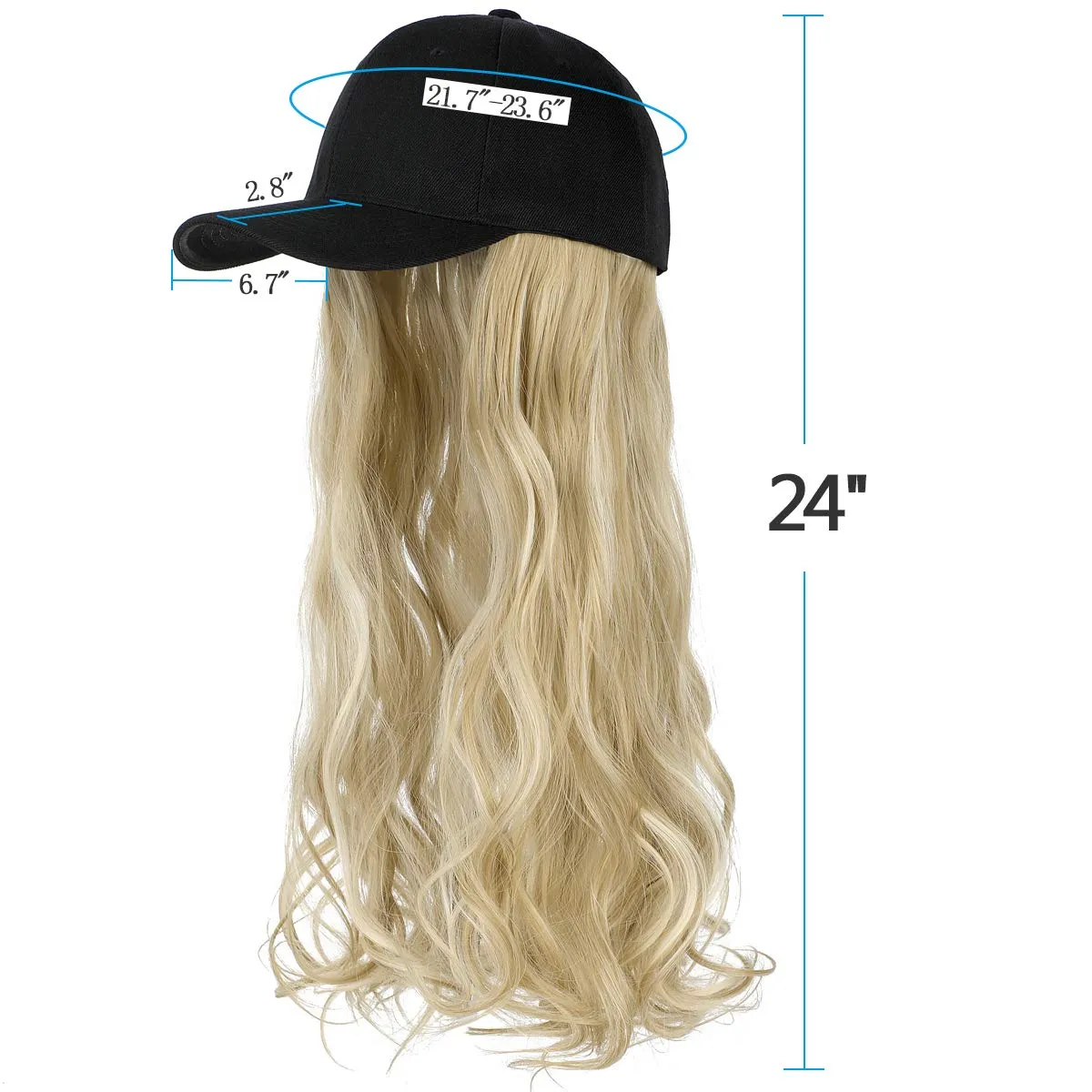 Ins Hot  24" Long Curly Wavy Hairpiece Adjustable Baseball Cap Attached Natural Wig for Women Girls Bleach Blonde