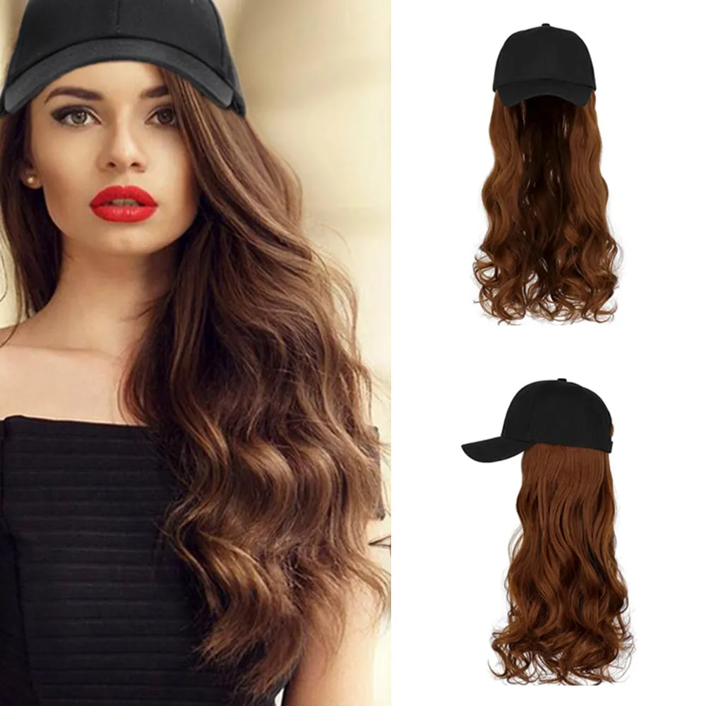 Ins Hot  24" Long Curly Wavy Hairpiece Adjustable Baseball Cap Attached Natural Wig for Women Girls Bleach Blonde