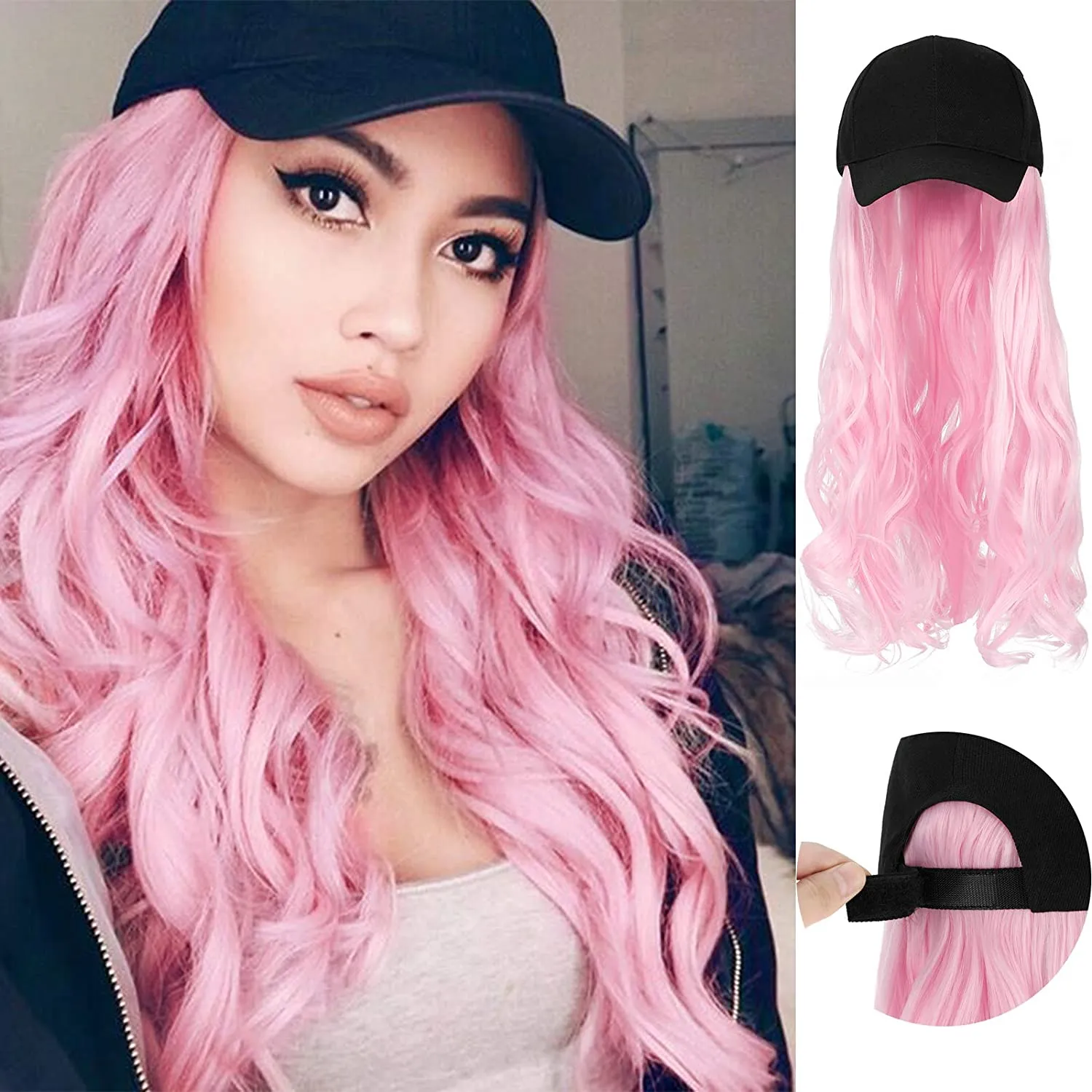 Ins Hot  24" Long Curly Wavy Hairpiece Adjustable Baseball Cap Attached Natural Wig for Women Girls Bleach Blonde