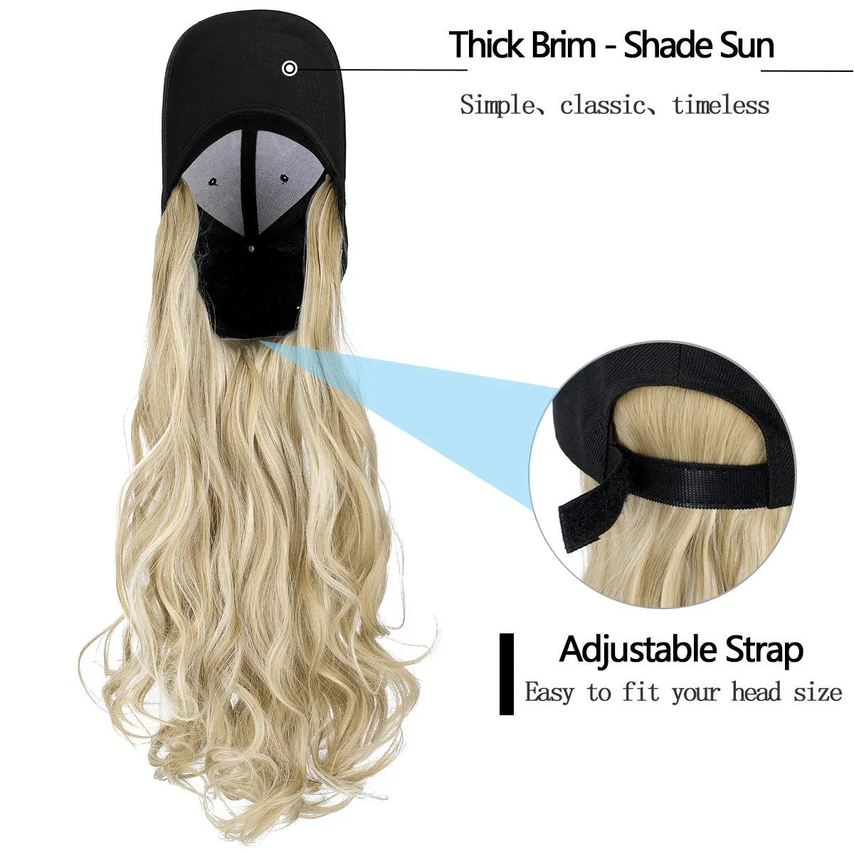 Ins Hot  24" Long Curly Wavy Hairpiece Adjustable Baseball Cap Attached Natural Wig for Women Girls Bleach Blonde