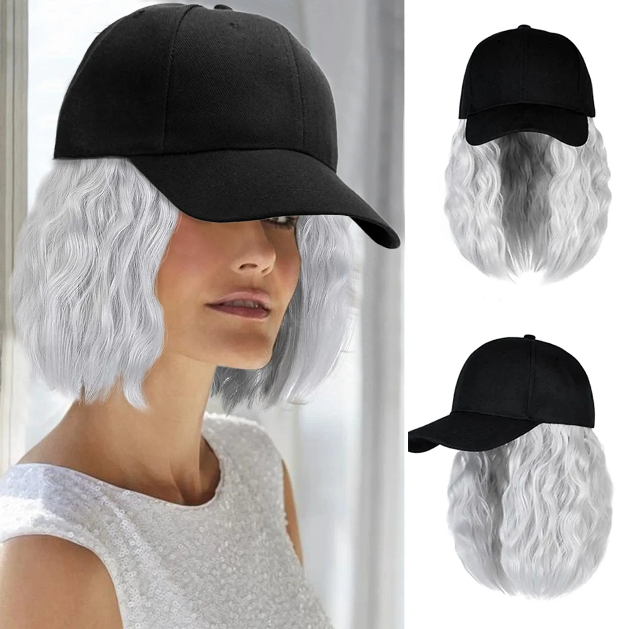 Ins Hot Baseball Cap Hair with 14 inch Wave Curly Bob  Wig