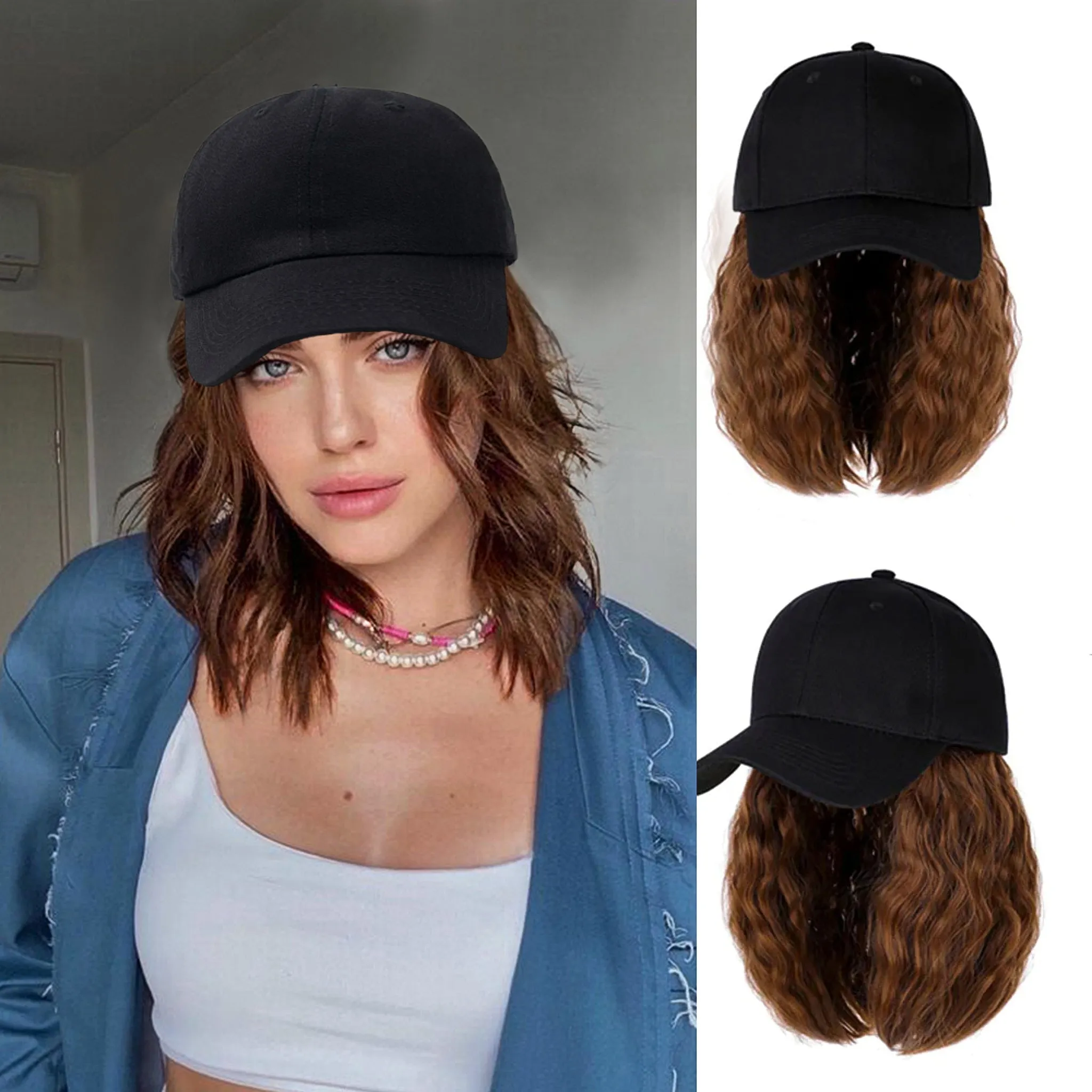 Ins Hot Baseball Cap Hair with 14 inch Wave Curly Bob  Wig