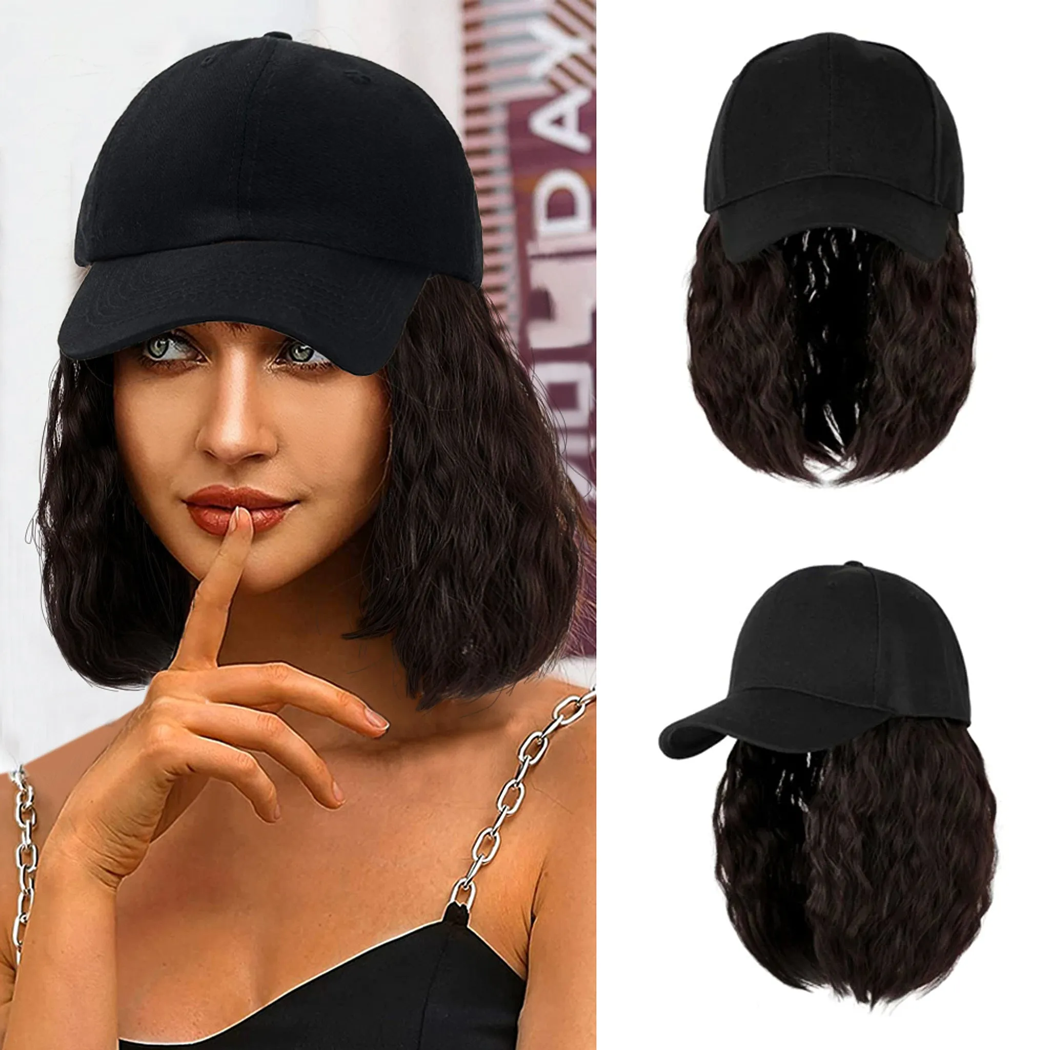 Ins Hot Baseball Cap Hair with 14 inch Wave Curly Bob  Wig