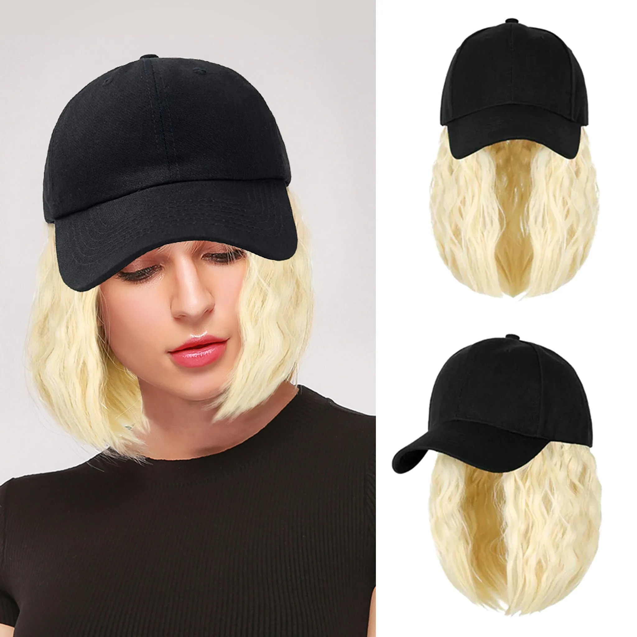 Ins Hot Baseball Cap Hair with 14 inch Wave Curly Bob  Wig