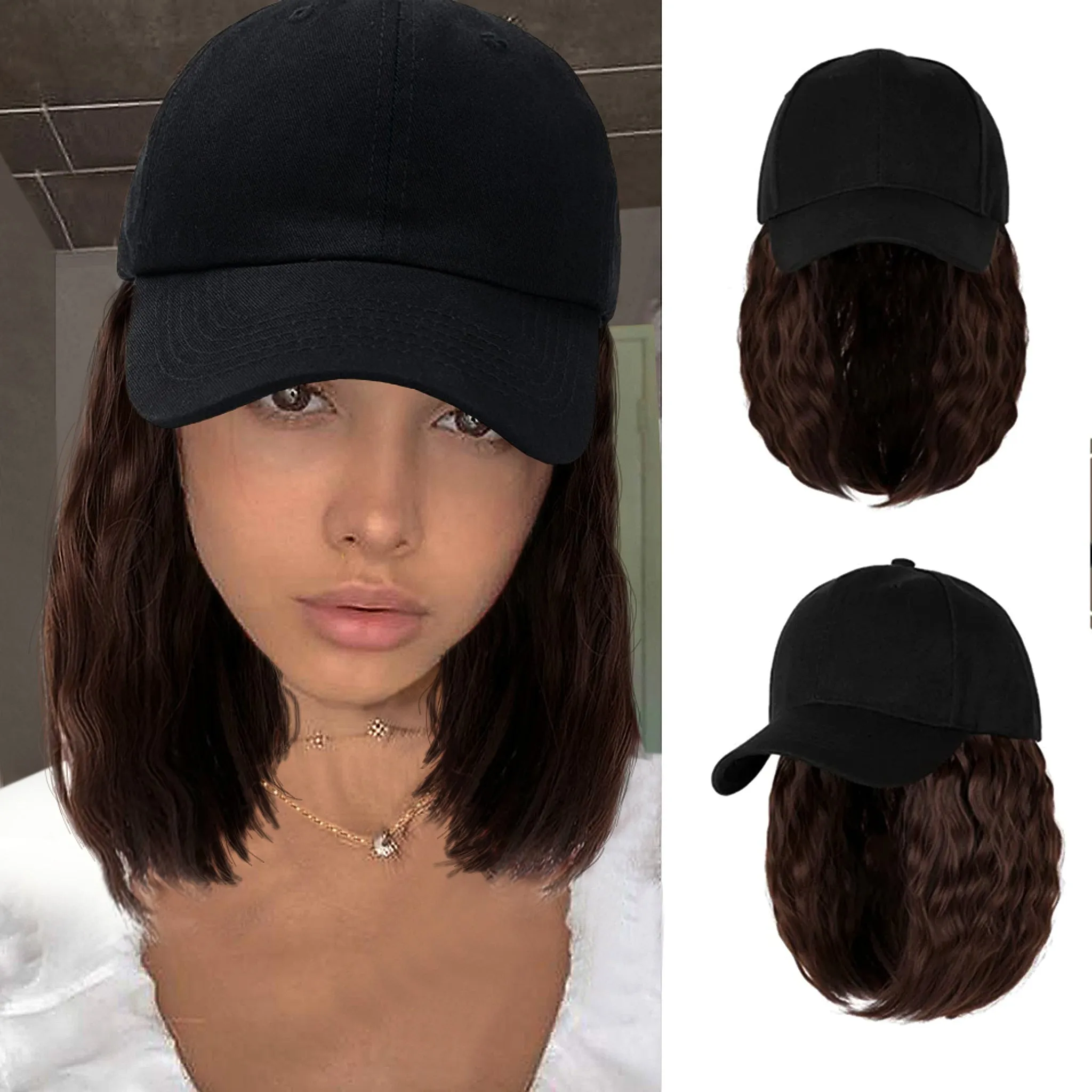 Ins Hot Baseball Cap Hair with 14 inch Wave Curly Bob  Wig
