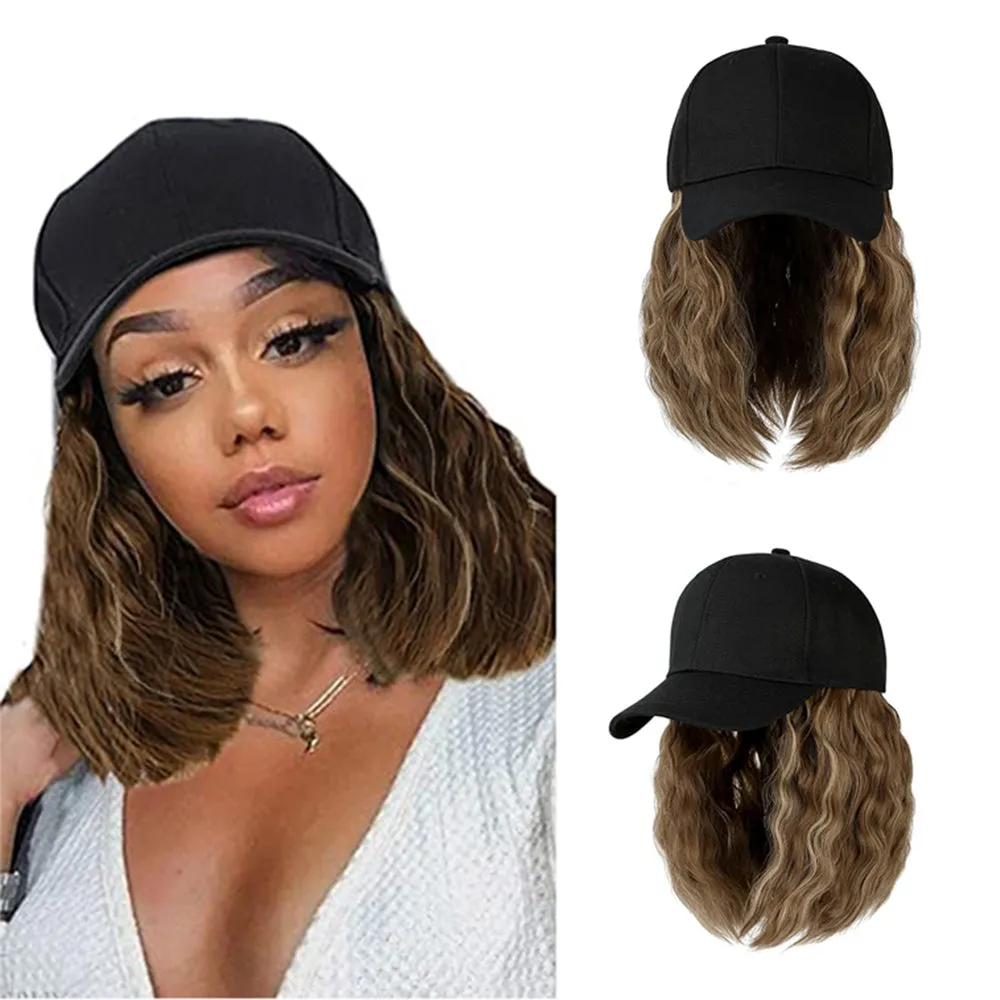 Ins Hot Baseball Cap Hair with 14 inch Wave Curly Bob  Wig