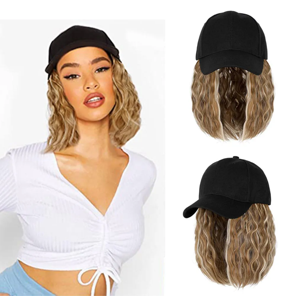 Ins Hot Baseball Cap Hair with 14 inch Wave Curly Bob  Wig