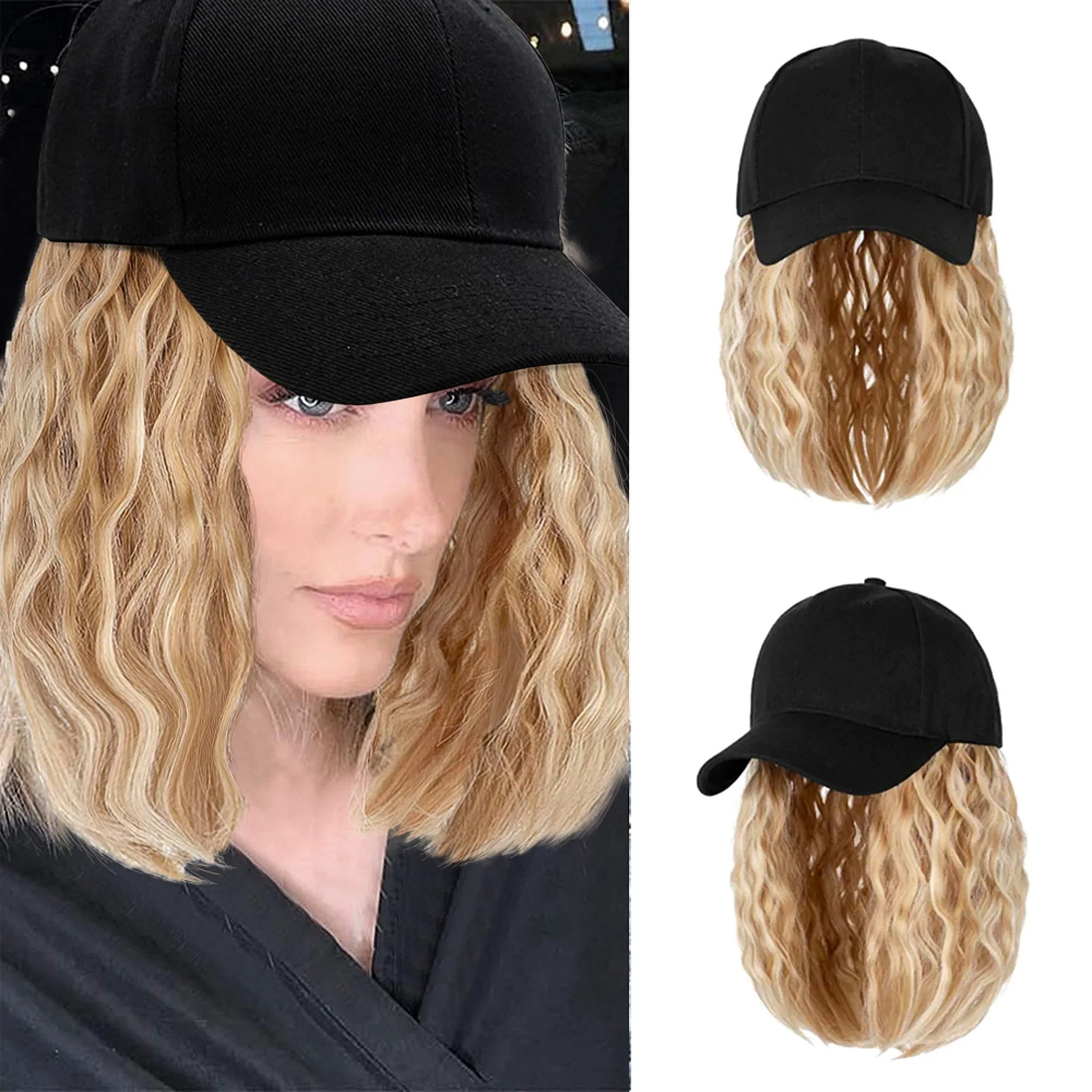 Ins Hot Baseball Cap Hair with 14 inch Wave Curly Bob  Wig