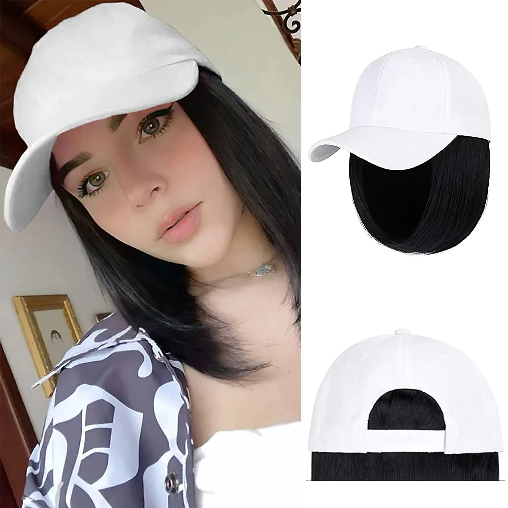 Ins Hot Baseball Cap with 14'' Hair Extensions Adjustable Wig