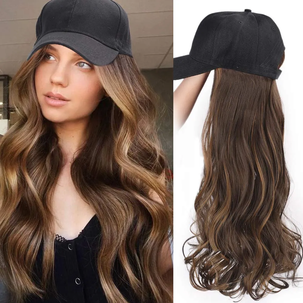Ins Hot Brown Black Wave Wig With Hat