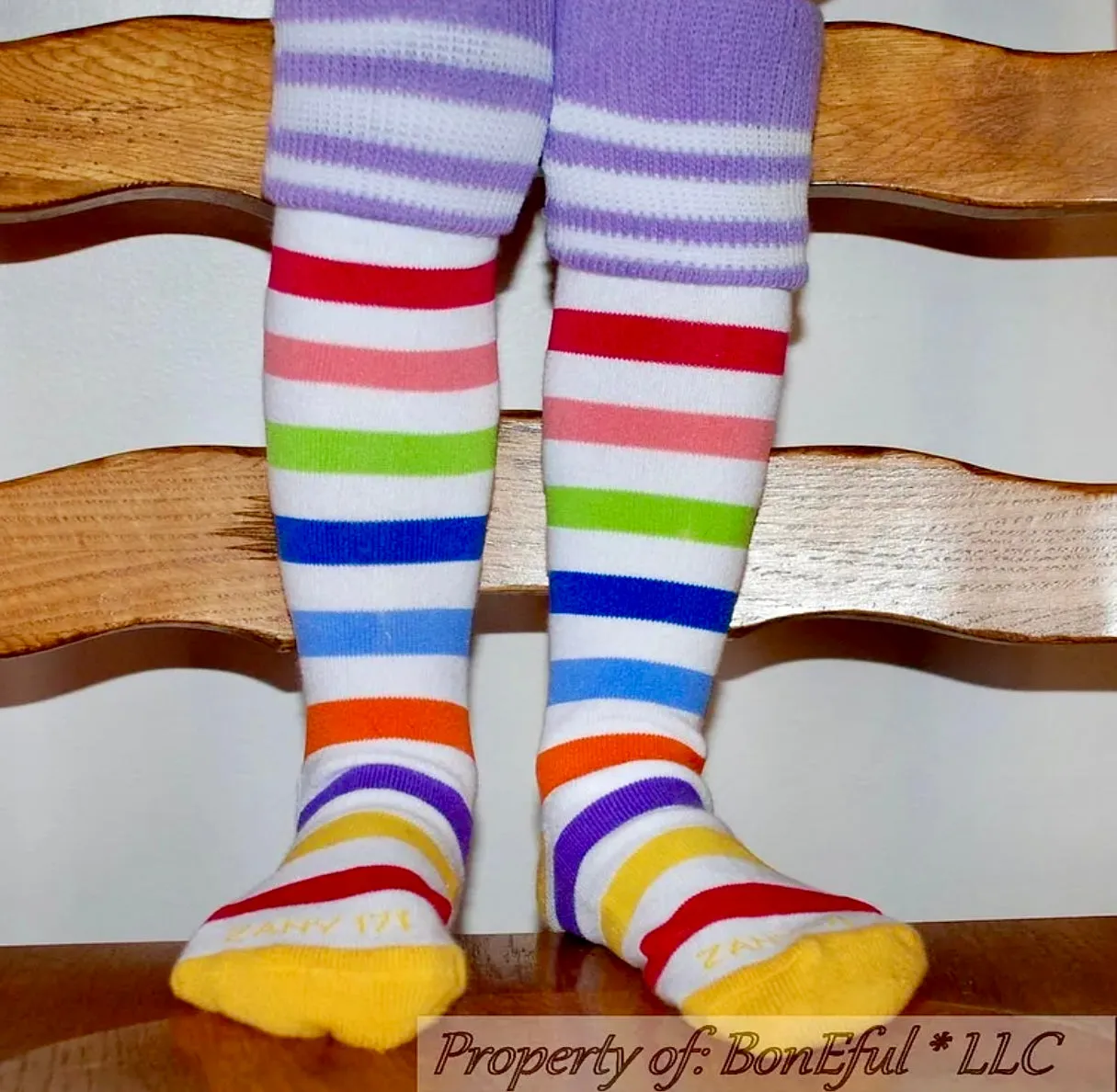 Knee Socks Kids 9-11 Rainbow White Color Stripe Cheer Sport
