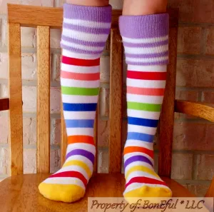 Knee Socks Kids 9-11 Rainbow White Color Stripe Cheer Sport