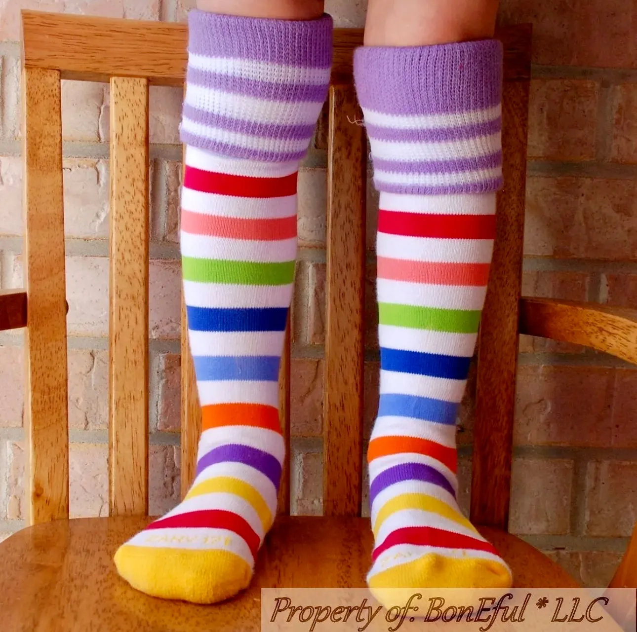 Knee Socks Kids 9-11 Rainbow White Color Stripe Cheer Sport