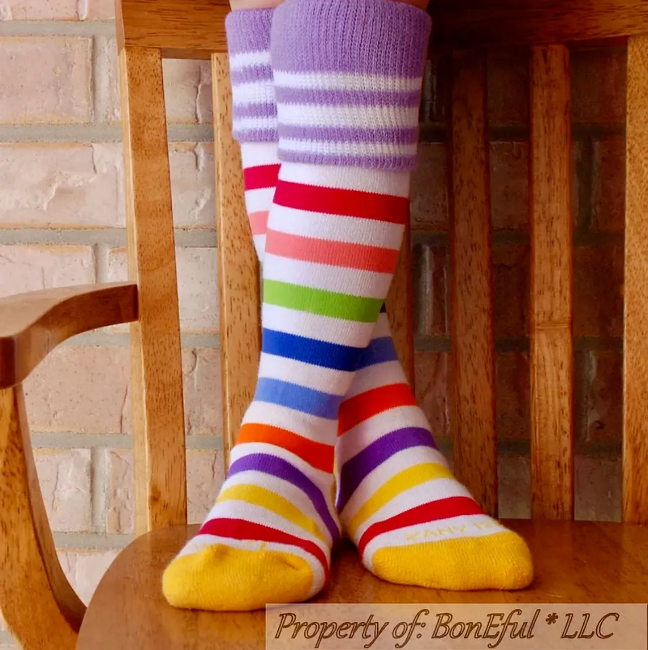 Knee Socks Kids 9-11 Rainbow White Color Stripe Cheer Sport