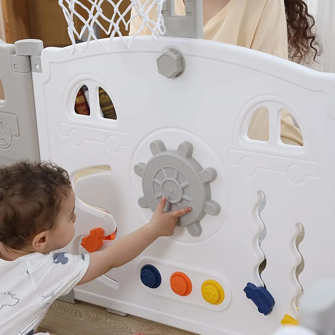 Large 14 Panel Folding Baby Playpen and Ball Pool with Basketball Hoop & 50 Balls