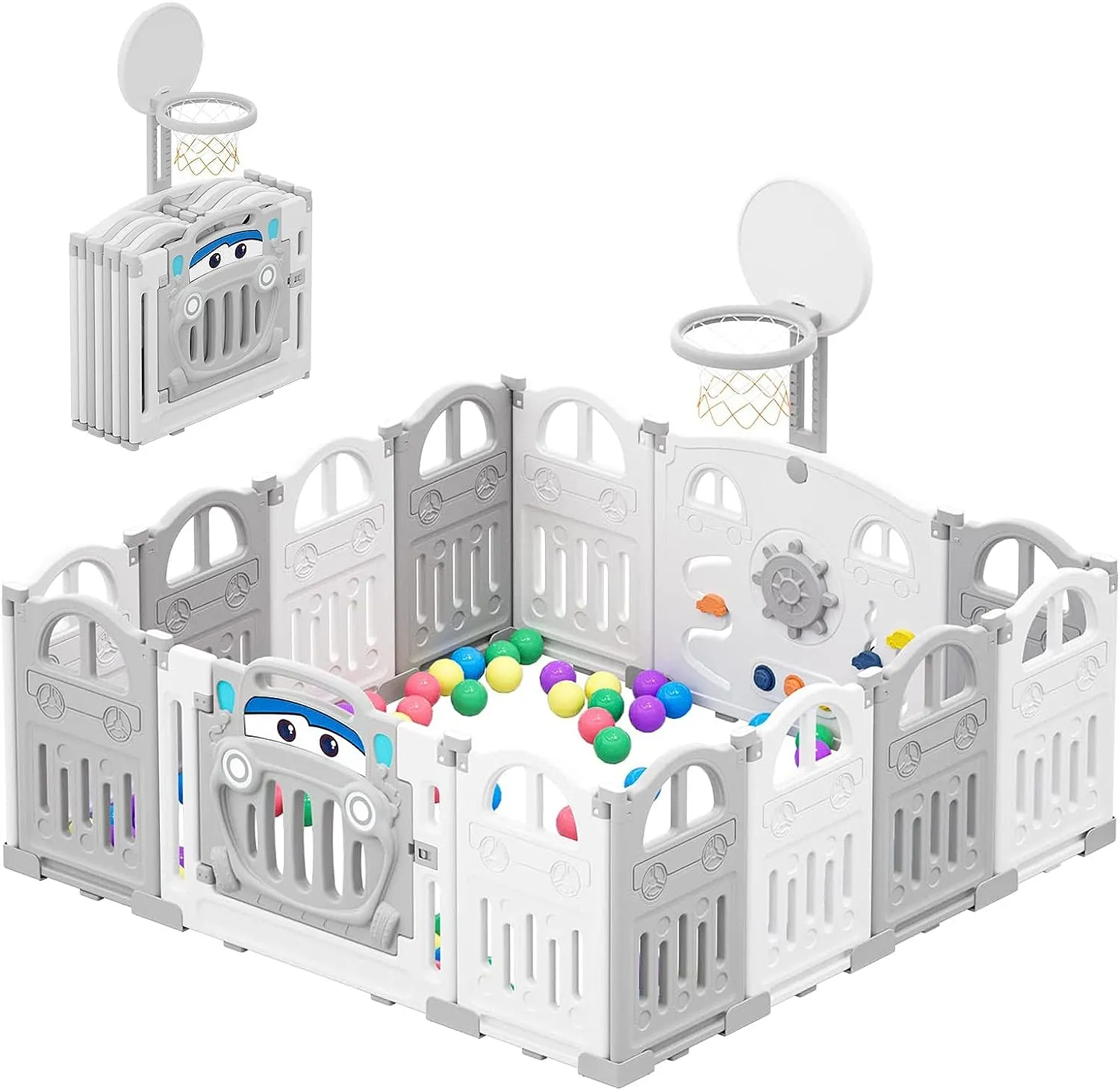 Large 14 Panel Folding Baby Playpen and Ball Pool with Basketball Hoop & 50 Balls