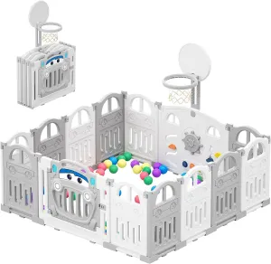 Large 14 Panel Folding Baby Playpen and Ball Pool with Basketball Hoop & 50 Balls