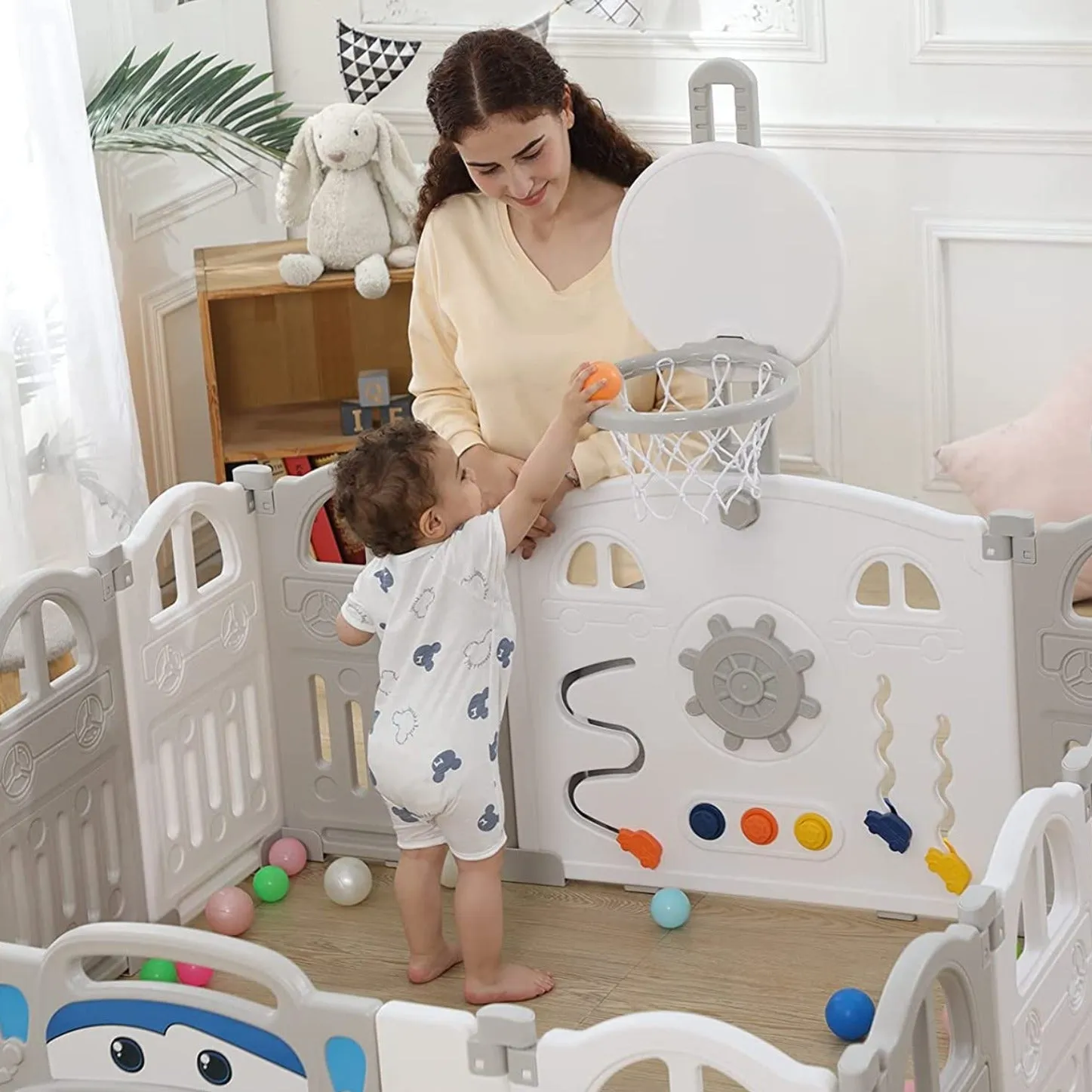 Large 14 Panel Folding Baby Playpen and Ball Pool with Basketball Hoop & 50 Balls