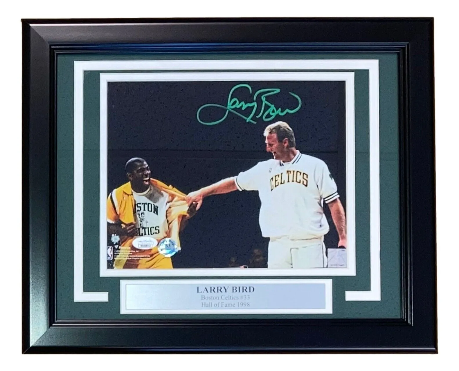 Larry Bird Signed Framed 8x10 Celtics Shirt Pull Photo w/ Magic Johnson Bird JSA