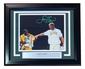 Larry Bird Signed Framed 8x10 Celtics Shirt Pull Photo w/ Magic Johnson Bird JSA