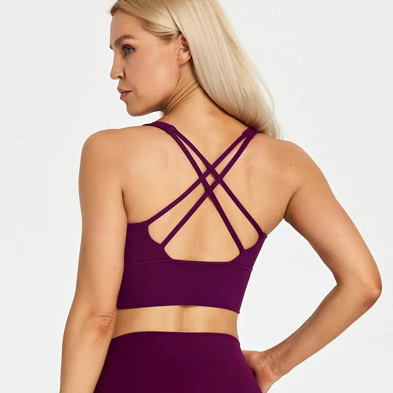 Lightweight Soft Strappy Sports Bras Women - Naked Feel Crisscross Padded Push Up Fitness Yoga Bra Top