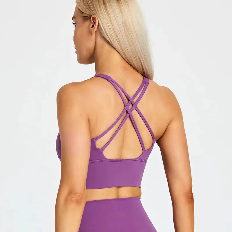Lightweight Soft Strappy Sports Bras Women - Naked Feel Crisscross Padded Push Up Fitness Yoga Bra Top