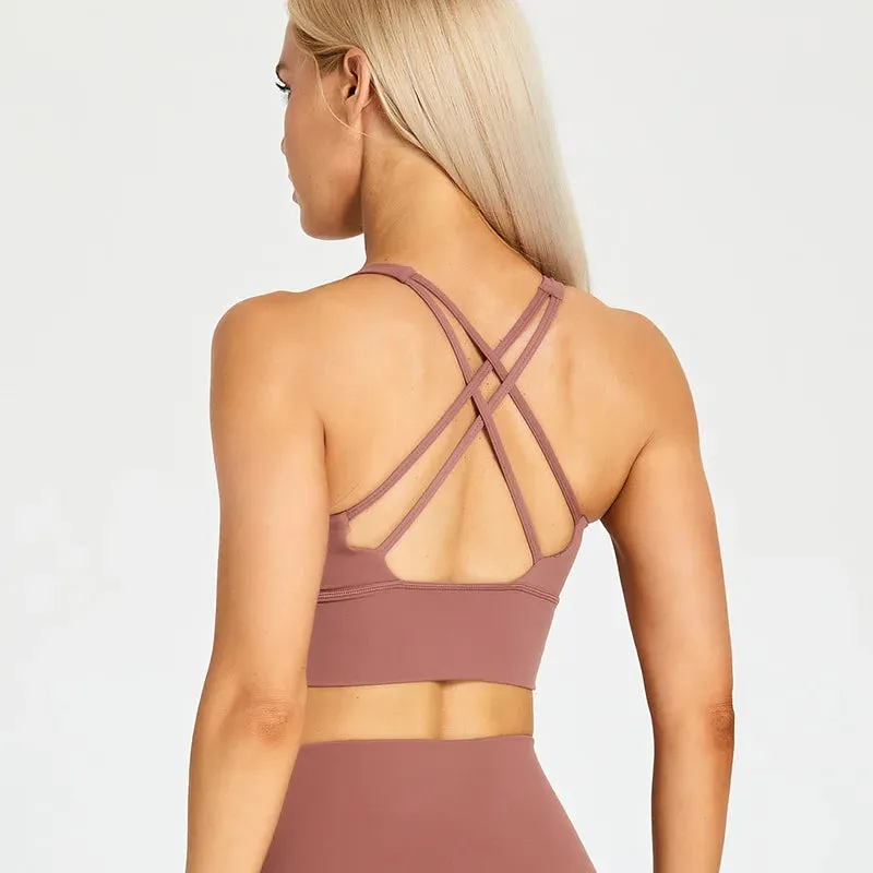 Lightweight Soft Strappy Sports Bras Women - Naked Feel Crisscross Padded Push Up Fitness Yoga Bra Top