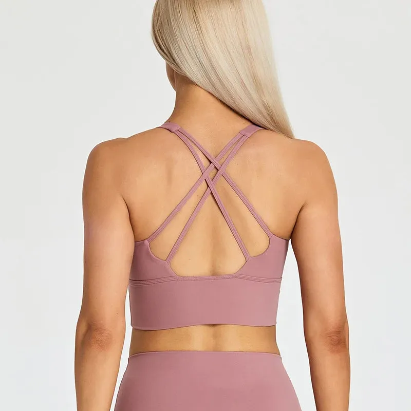 Lightweight Soft Strappy Sports Bras Women - Naked Feel Crisscross Padded Push Up Fitness Yoga Bra Top