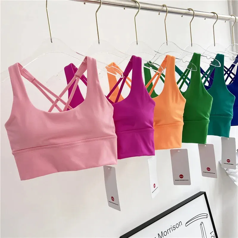 Lightweight Soft Strappy Sports Bras Women - Naked Feel Crisscross Padded Push Up Fitness Yoga Bra Top