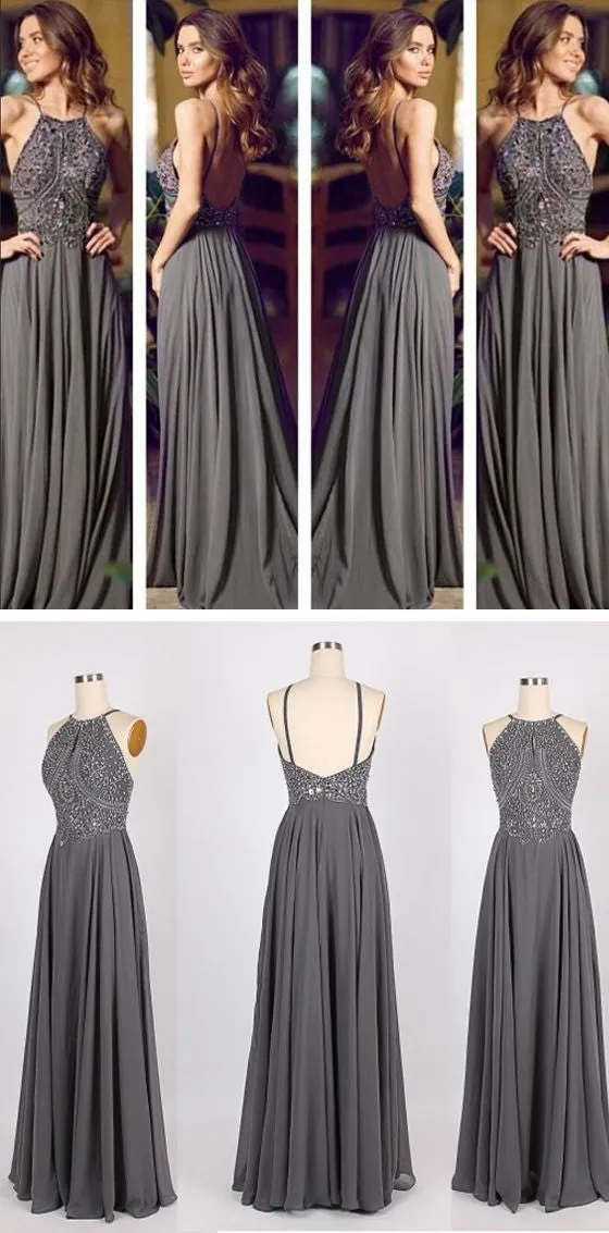 Long Gray Cheap Open Back Sexy Women Evening Prom Dresses, BG51131