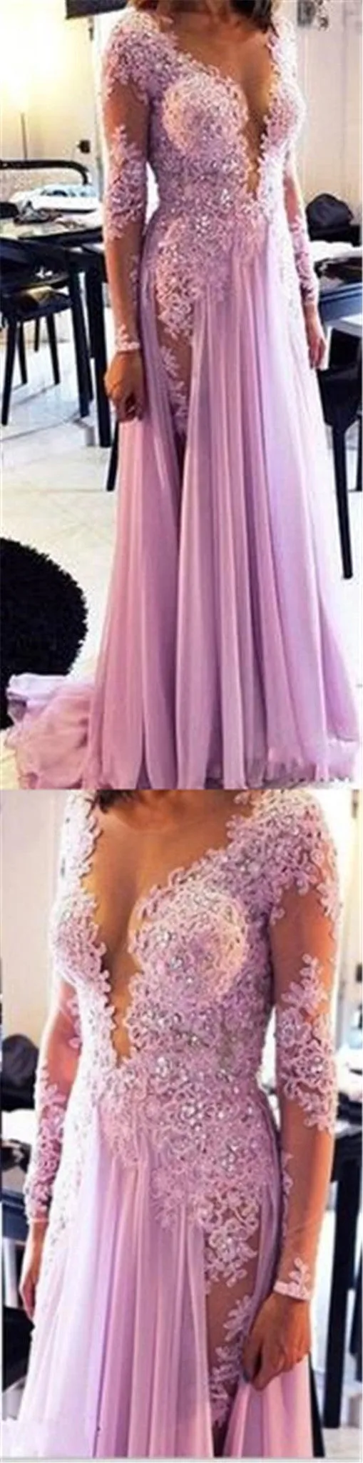 Long Sleeves See Through Deep V Neck Split Long Lace Prom Dresses, BG51116