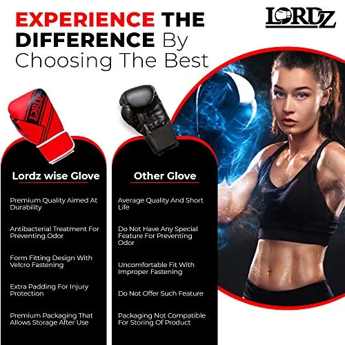 Lordz Wise Gloves I Men & Women’s Premium Synthetic Leather Boxing Gloves with Hand Crafted Padding, Gloves for Sparring, Muay Thai, MMA, Training and Heavy Bag Workout